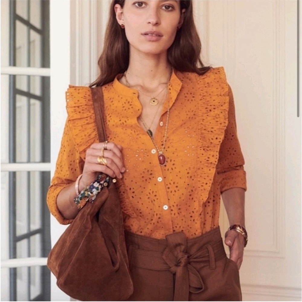 Sezane Isaure Cotton Eyelet Ruffle Button Front Mustard Yellow Shirt Size US 4 S